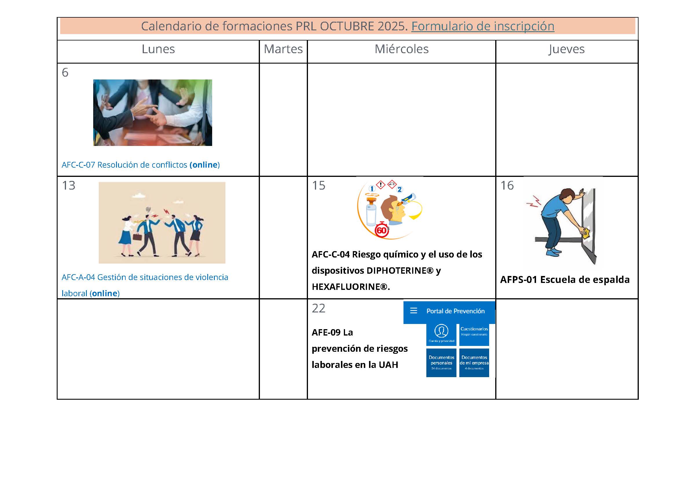 Calendario de formaciones PRL octubre 2025 Calendario de formaciones PRL octubre 2025